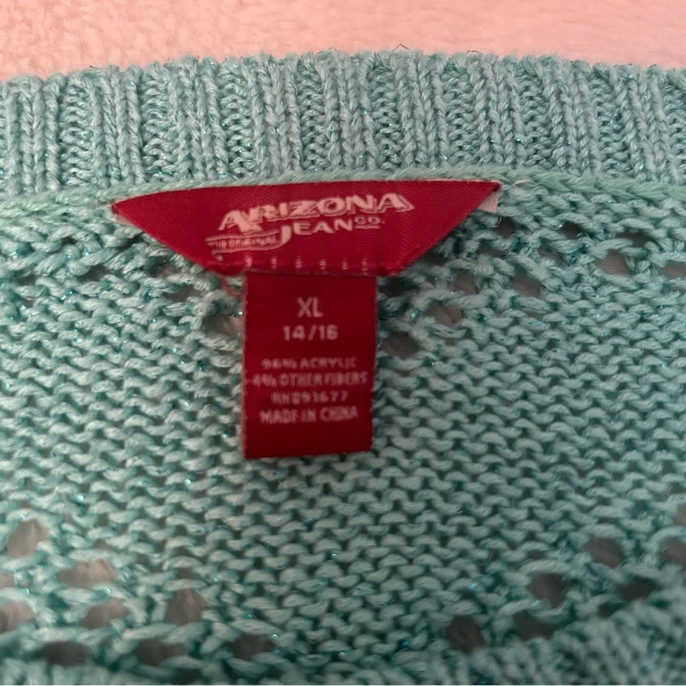 Size 14/16 Teal Shimmery Sweater w/ Hearts B3